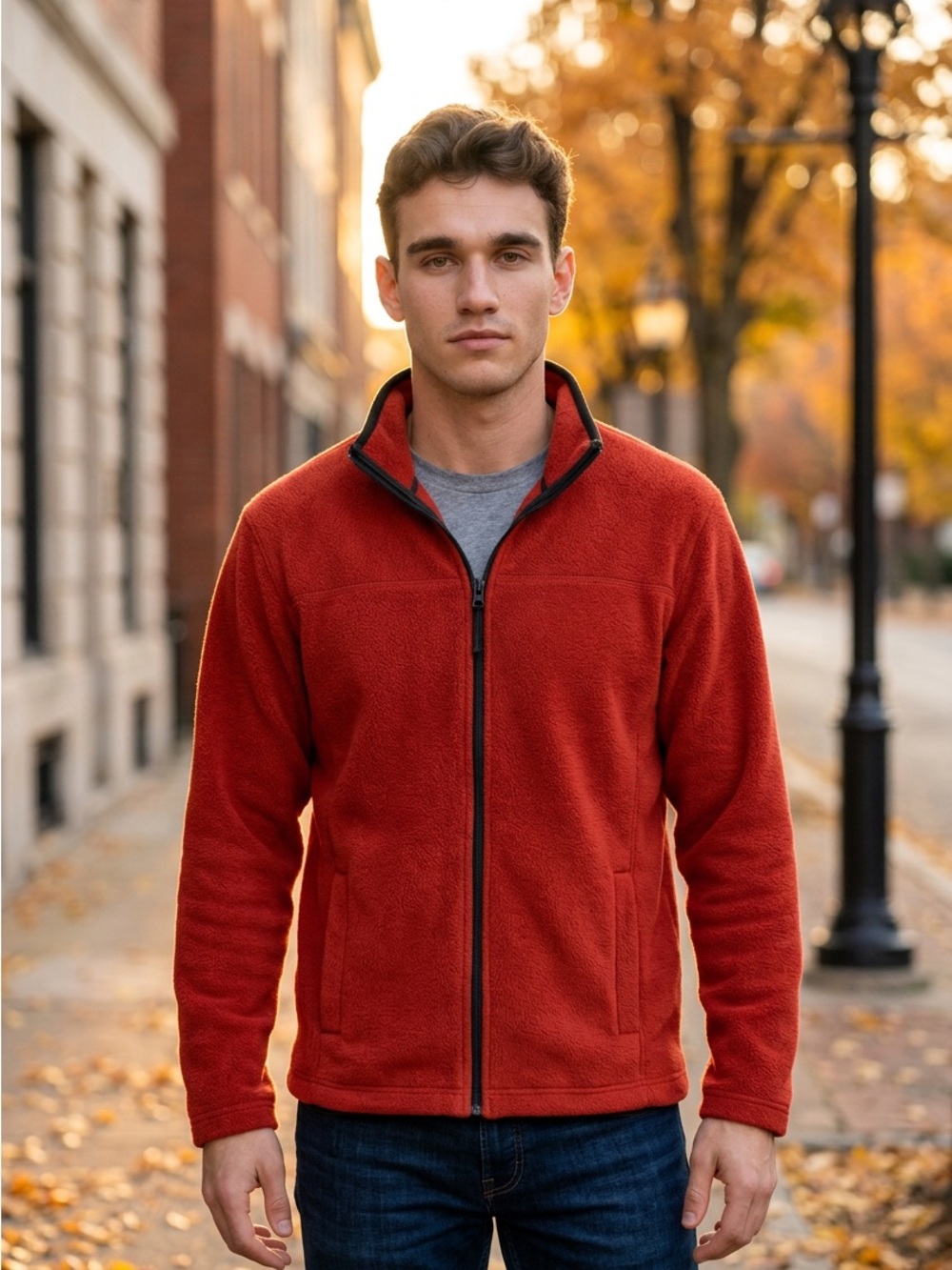 Men's Zip-Up Fleece Sweater in Rust Red